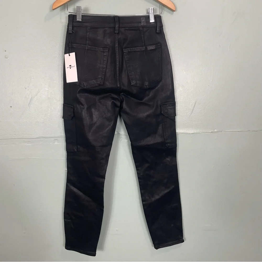 7 For All Mankind Coated Cargo Skinny‎ Black Shiny Women Sz 28 NWT